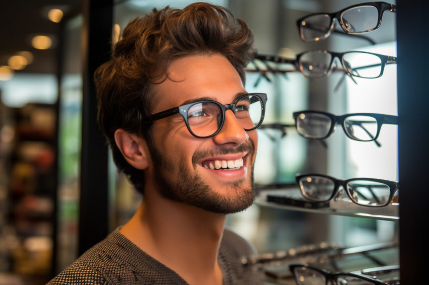 Close up of young mans hands holding glasses at optician