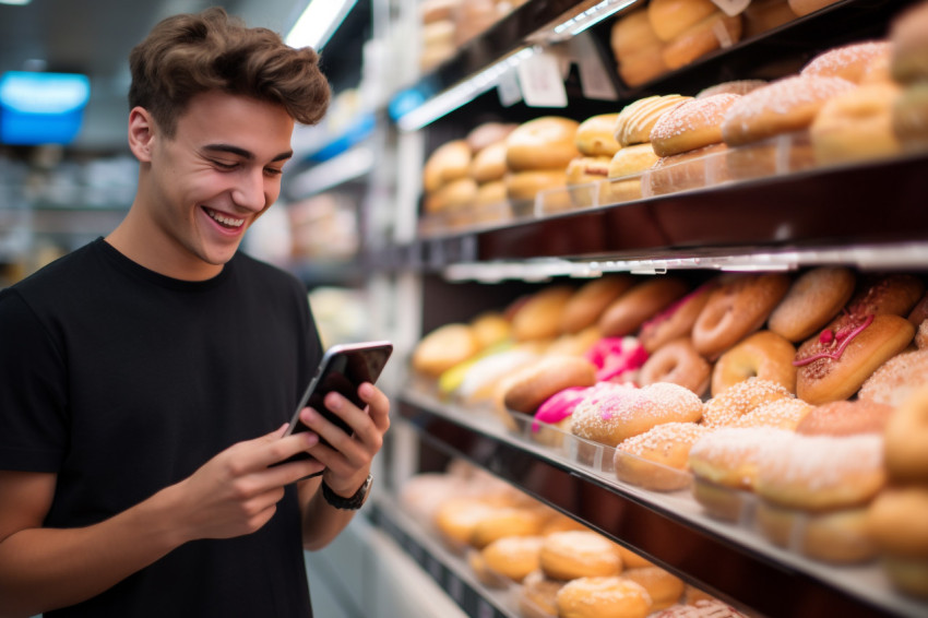 Young man shopping with phone in supermarket