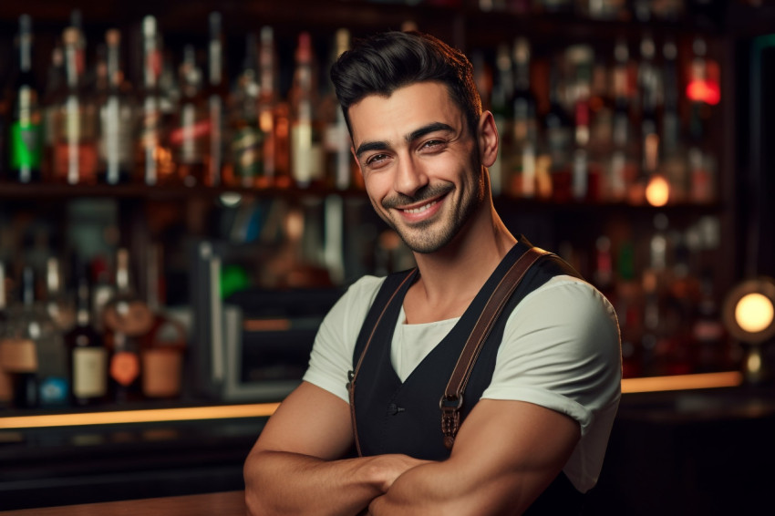 Smiling bartender posing at counter looking at camera