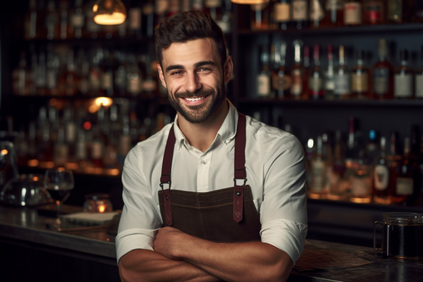 Smiling bartender posing at counter looking at camera