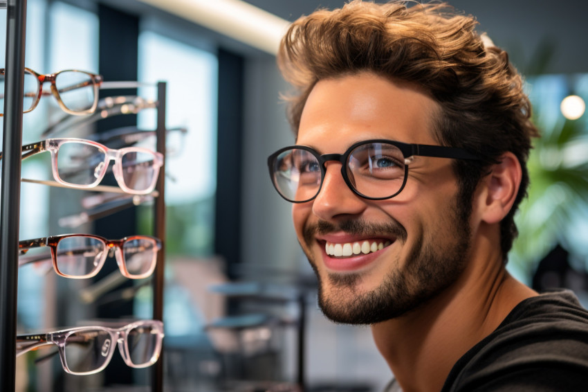 Close up of young mans hands holding glasses at optician