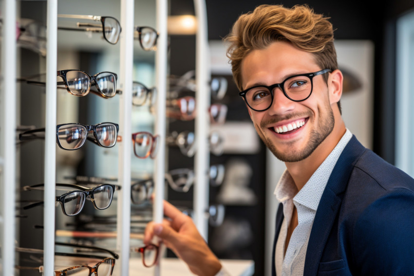 Close up of young mans hands holding glasses at optician