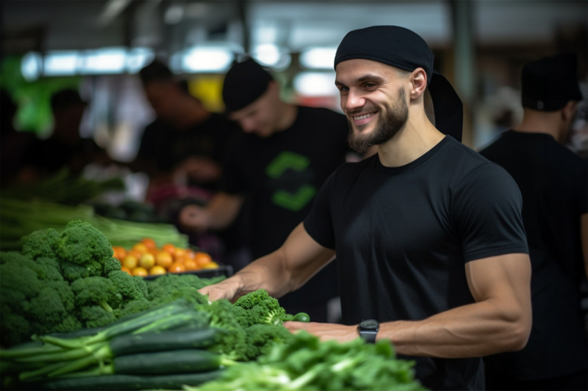 Young man buys green vegetables at market