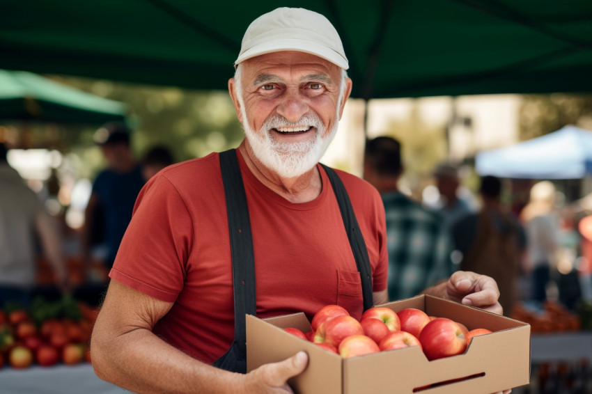 Senior man selling apples at farmers market