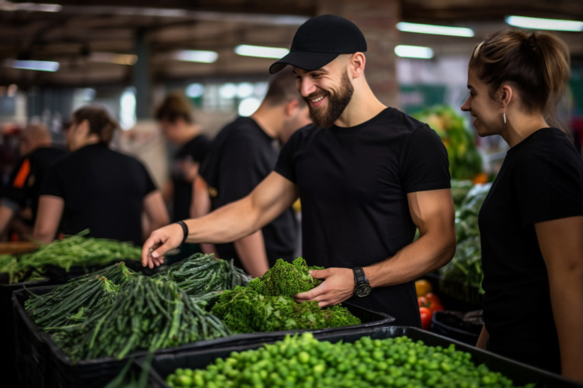 Young man buys green vegetables at market