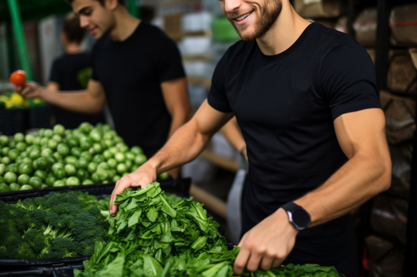 Young man buys green vegetables at market