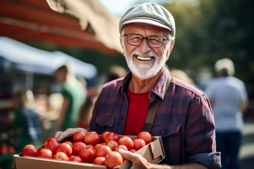 Senior man selling apples at farmers market