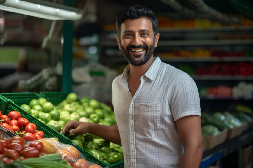 Happy Indian man grocery shopping