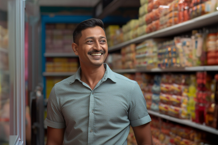 Happy Indian man grocery shopping