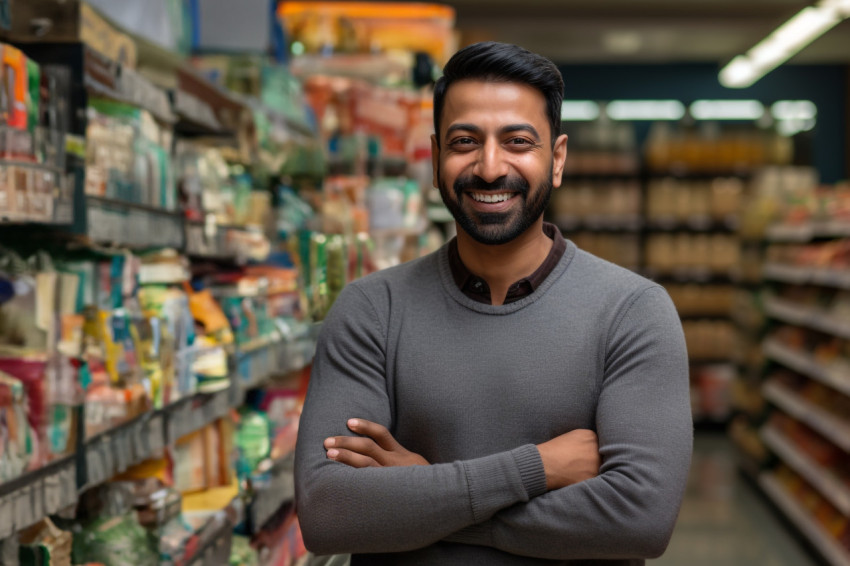 Happy Indian man grocery shopping