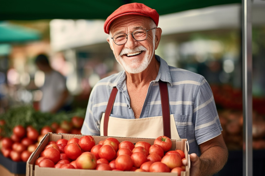 Senior man selling apples at farmers market