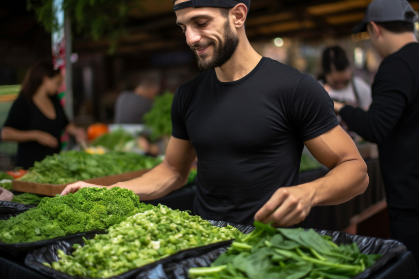 Young man buys green vegetables at market