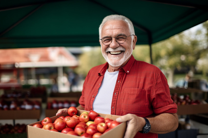 Senior man selling apples at farmers market