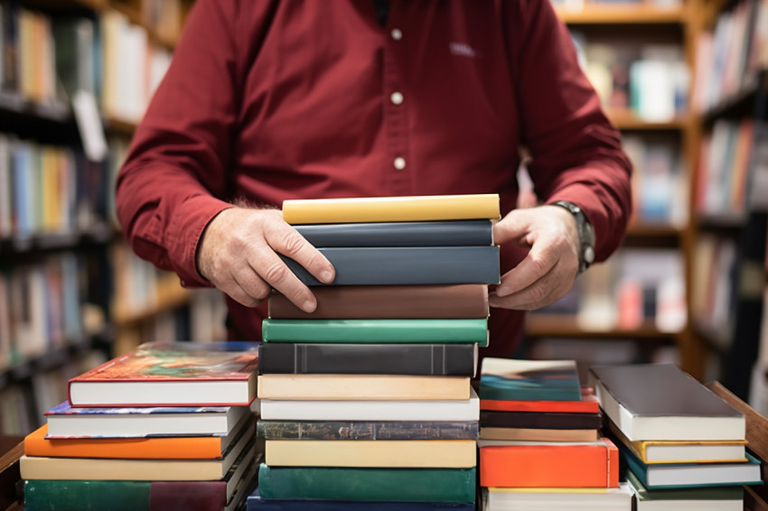 Bookstore owner with book and laptop