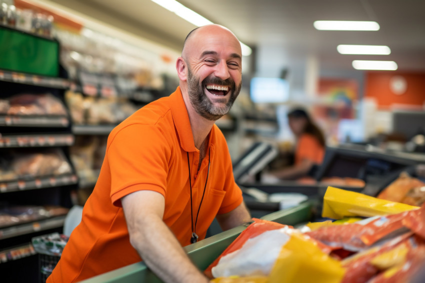 Smiling cashier at supermarket checkout counter