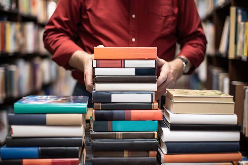 Bookstore owner with book and laptop