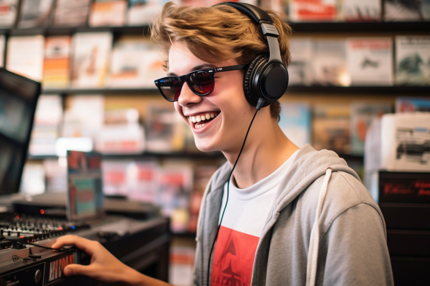 Young man in record shop listening to CDs with headphones