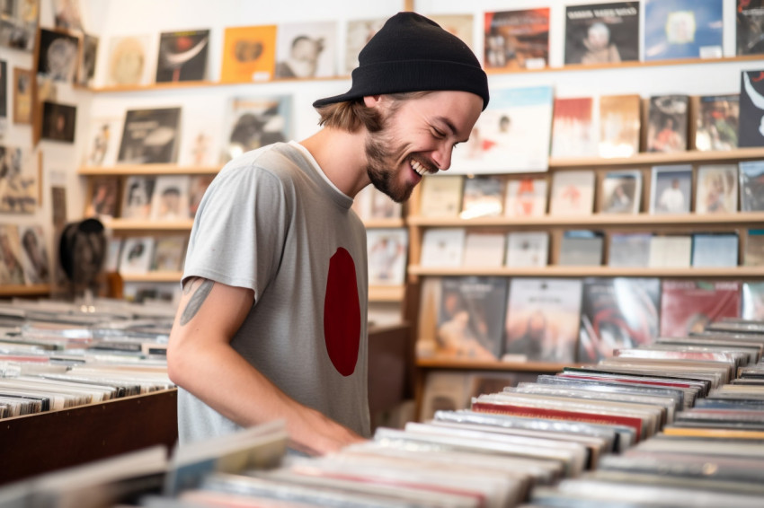 Young man in record shop listening to CDs with headphones