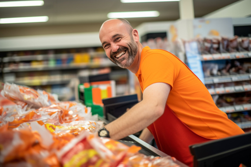 Smiling cashier at supermarket checkout counter