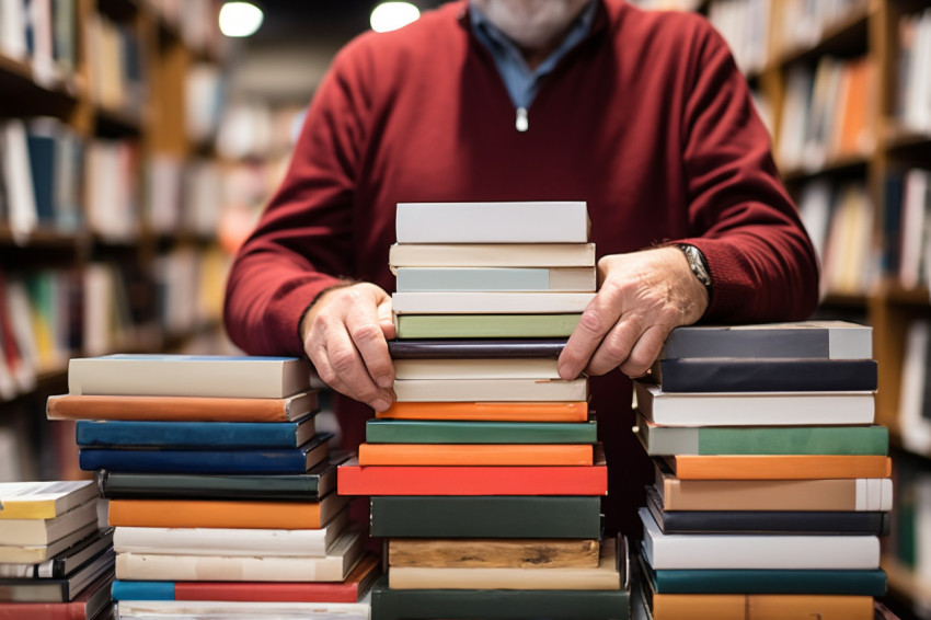 Bookstore owner with book and laptop