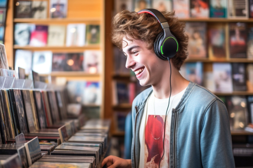 Young man in record shop listening to CDs with headphones