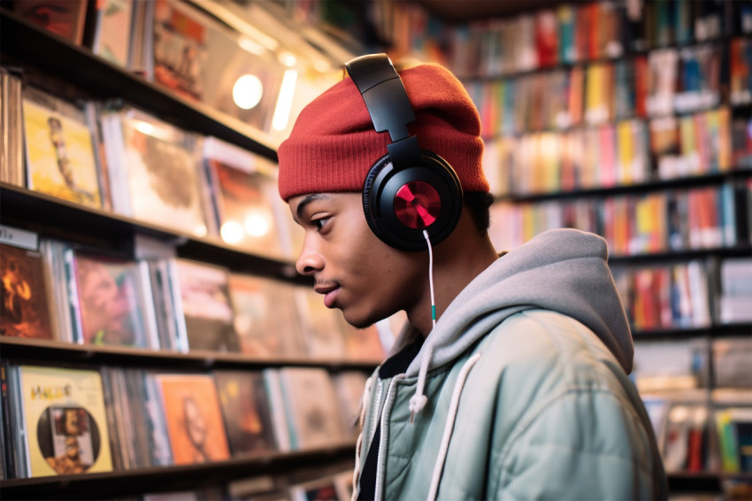 Young man in record shop listening to CDs with headphones