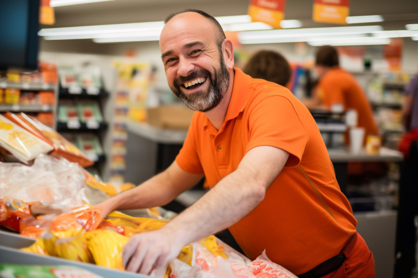 Smiling cashier at supermarket checkout counter