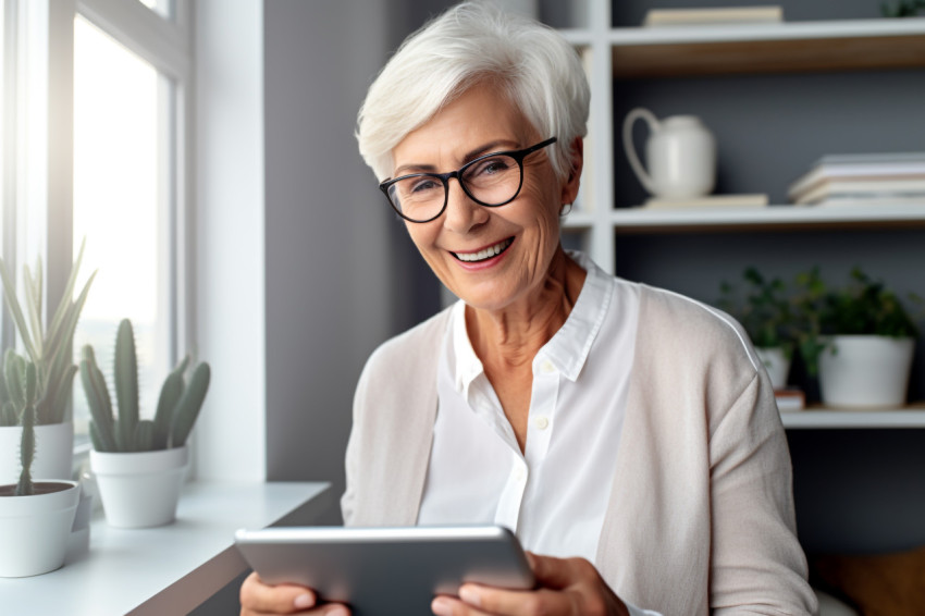 Cheerful senior woman using tablet at home