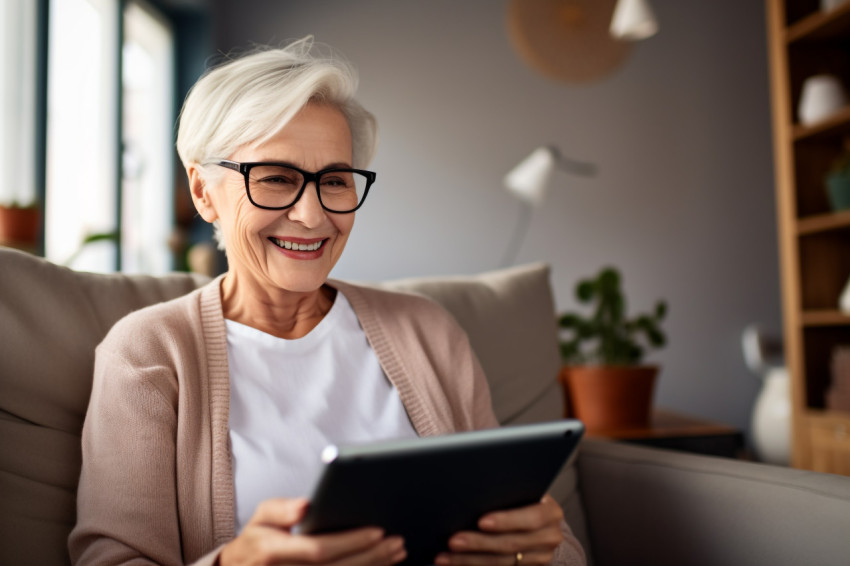 Cheerful senior woman using tablet at home