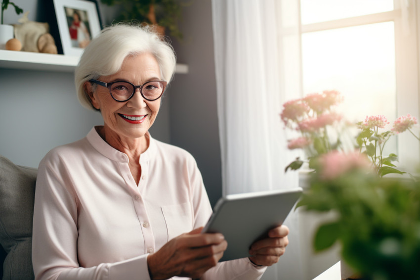 Cheerful senior woman using tablet at home