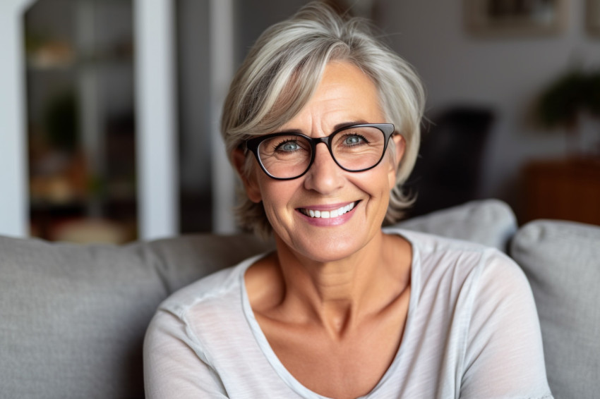 Smiling mature woman with grey hair looking at camera