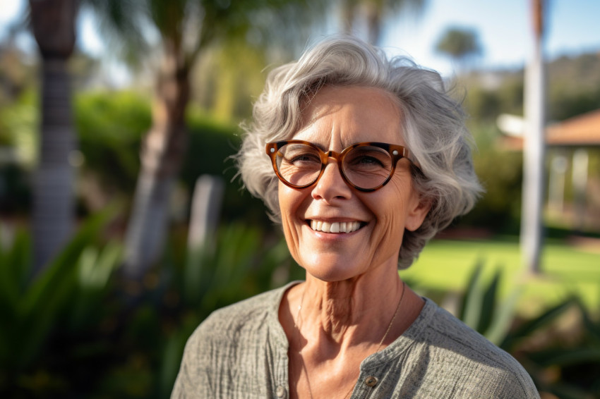 Smiling mature woman with grey hair looking at camera