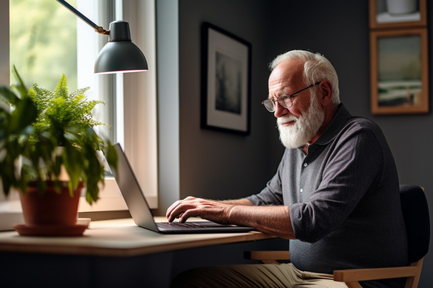 Senior man working on laptop at home