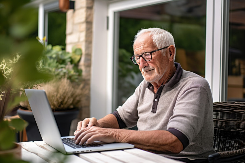 Senior man working on laptop at home