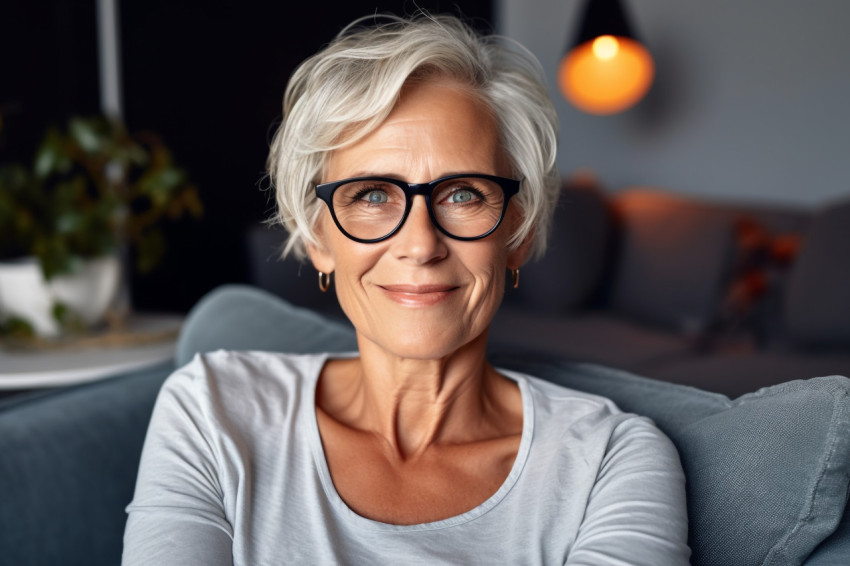 Smiling mature woman with grey hair looking at camera