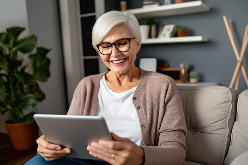 Cheerful senior woman using tablet at home