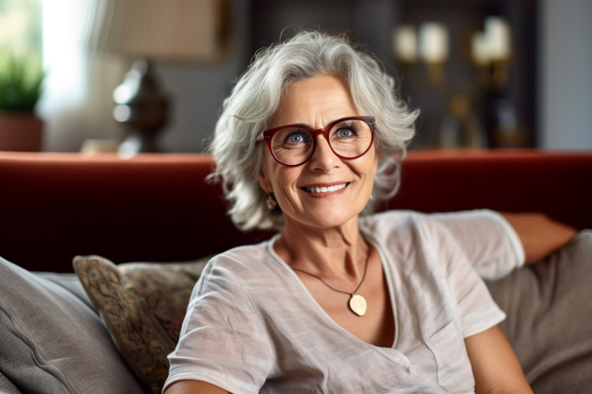 Smiling mature woman with grey hair looking at camera