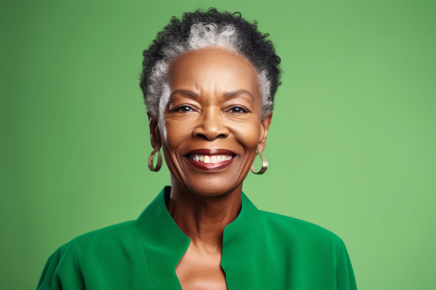 Smiling black senior womans waist up portrait on green background