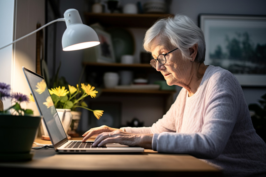 Senior woman working on laptop at home