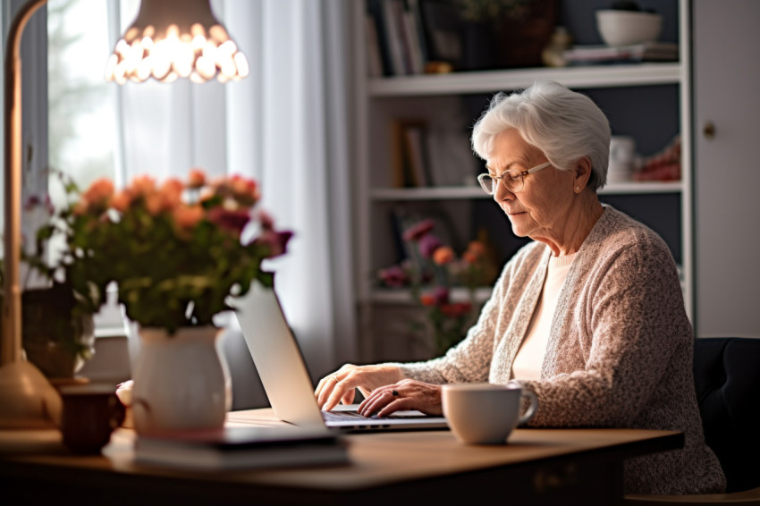 Senior woman working on laptop at home