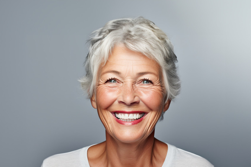 Smiling senior woman waving hello at camera in portrait photo