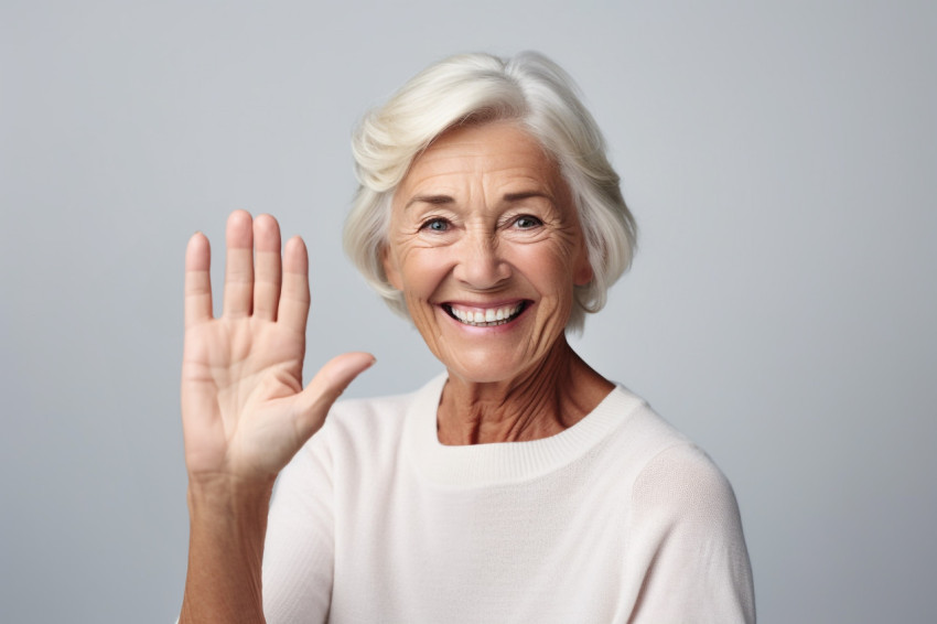 Smiling senior woman waving hello at camera in portrait photo