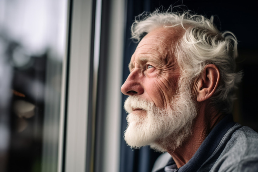 Senior man gazing out window thoughtfully