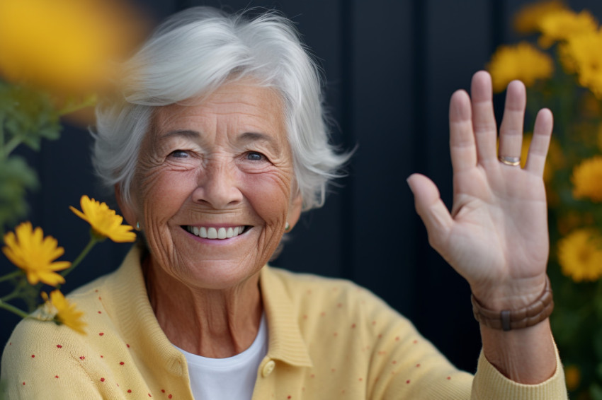 Smiling senior woman waving hello at camera in portrait photo