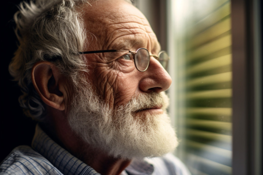 Senior man gazing out window thoughtfully