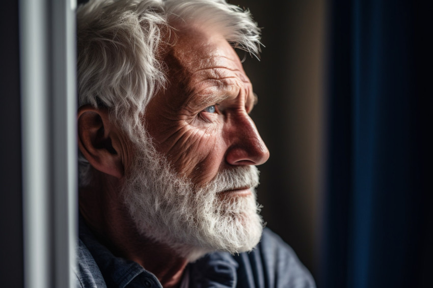 Senior man gazing out window thoughtfully