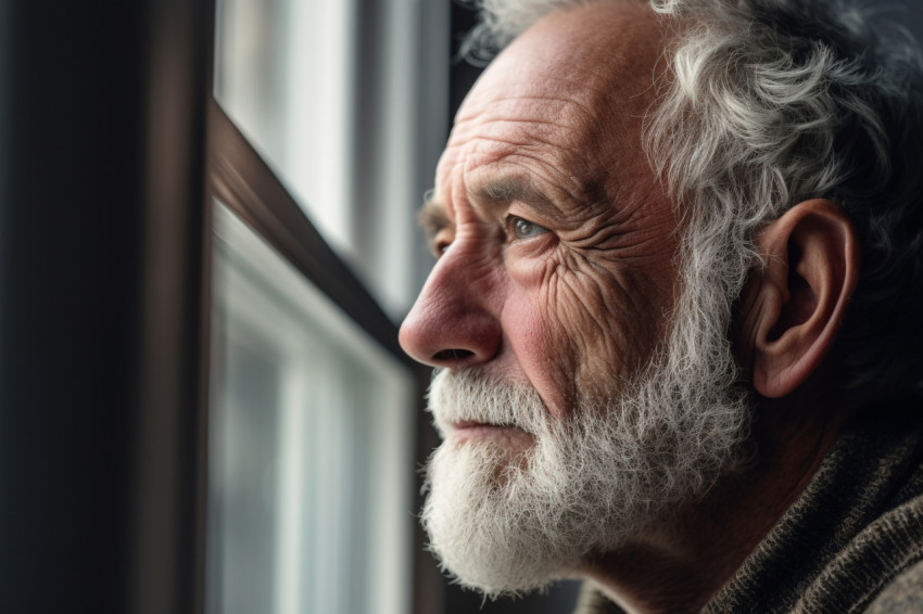 Senior man gazing out window thoughtfully