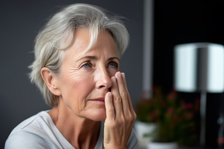 Portrait of senior woman touching face at home