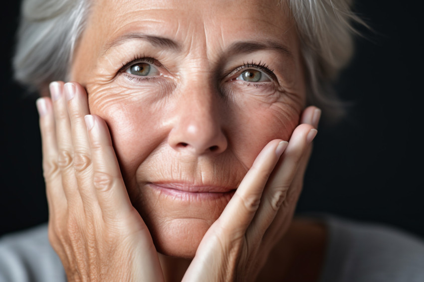 Portrait of senior woman touching face at home