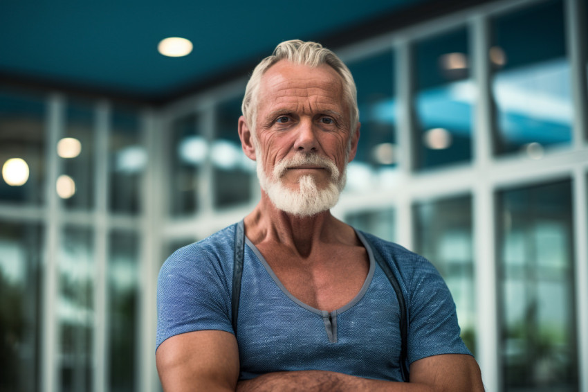 Senior man standing by indoor pool